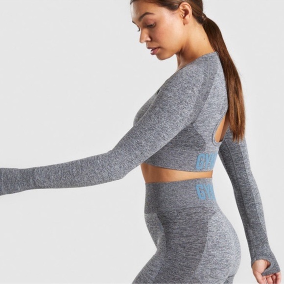 Gymshark Flex Long Sleeve Crop Top in Charcoal Marl/Teal - Picture 2 of 8